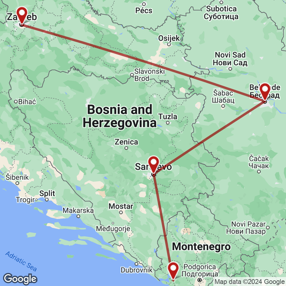 Route for Zagreb, Belgrade, Sarajevo, Kotor tour